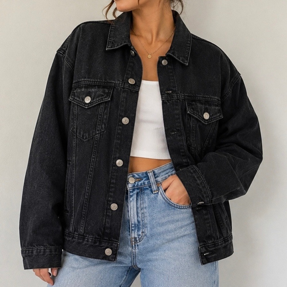 Cotton On Black Denim Trucker Jacket Oversized Relaxed Fit Women's US 6 - Picture 3 of 14